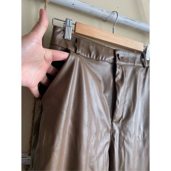 ZARA Medium Brown Leather Pants High Waist Straight Leg Jean - Picture 5 of 10